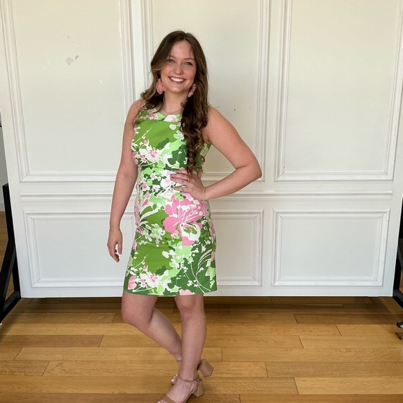 Talbots Green and White Sheath Dress Halter Neckline Sleeveless - Picture 2 of 5